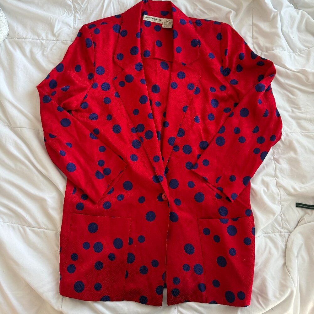 Vintage (90s) Liz Claiborne Red and Blue Silk Polkadot Blazer Size 6 Petite